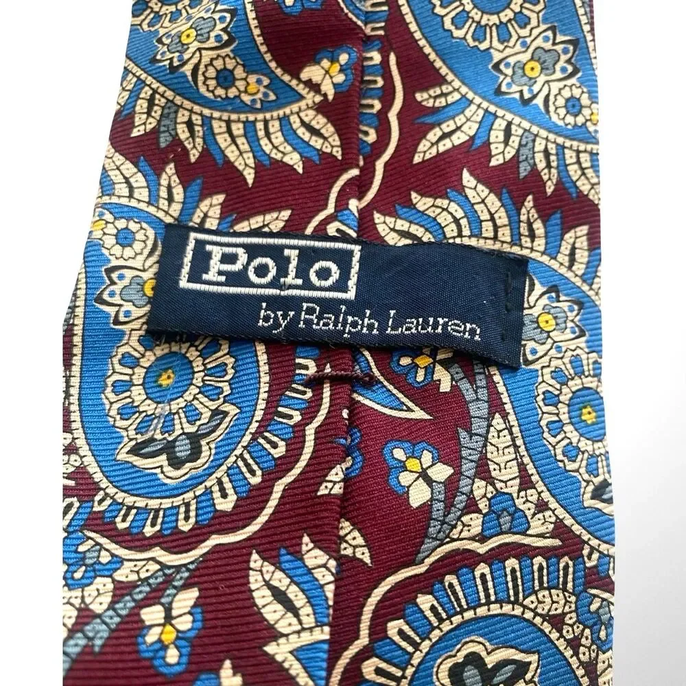 VTG Polo Ralph Lauren Silk Tie Paisley Maroon Blue Geometric Preppy Ivy Handmade
